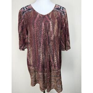 Greater Good Women's Tunic Plus Size 1X Short Slit Sleeves Lightweight Brown